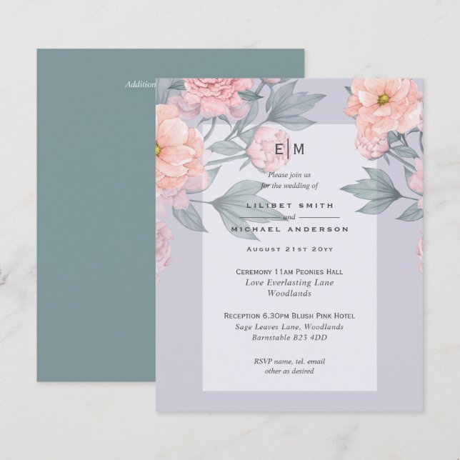Blush Peach PEONIES Blue Wedding Invite BUDGET (Front/Back)