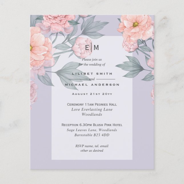 Blush Peach PEONIES Blue Wedding Invite BUDGET Flyer (Front)