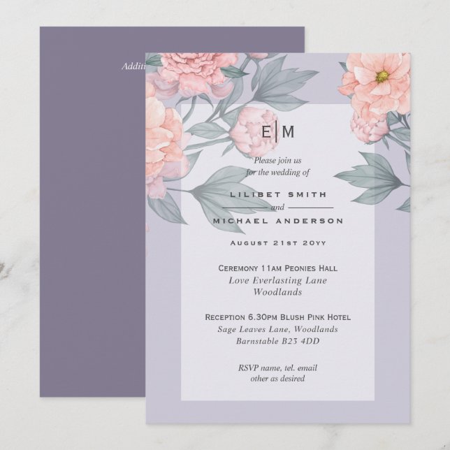 Blush Peach PEONIES Blue Wedding Invite Reception (Front/Back)