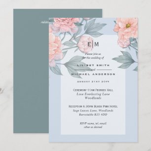 Blush Peach PEONIES Blue Wedding Invite Reception