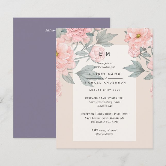Blush Peach PEONIES Lilac Wedding Invite BUDGET (Front/Back)