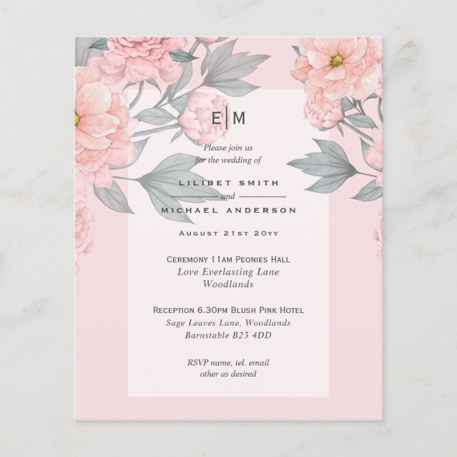 Blush Peach PEONIES Lilac Wedding Invite BUDGET Flyer (Front)