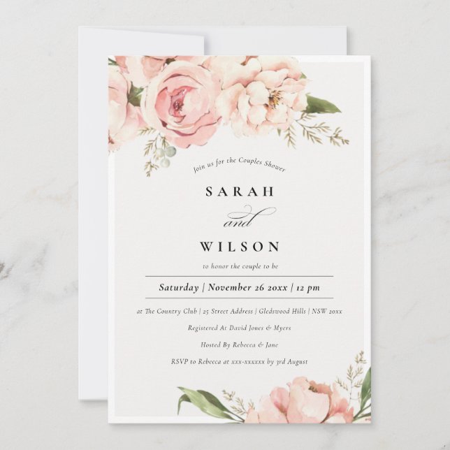 Blush Peach Peony Floral Couples Shower Invite (Front)