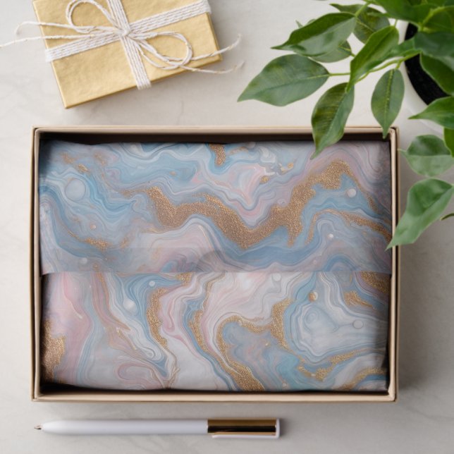 Blush Peach Pink Blue White Gold Marble Pattern Tissue Paper (Gift)