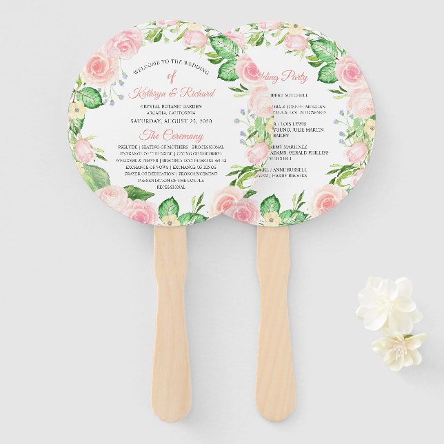 Blush Peach Pink Floral Wedding Program Hand Fan (Front and Back)