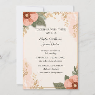 Blush Peach Poppy Gold Wedding Invitation