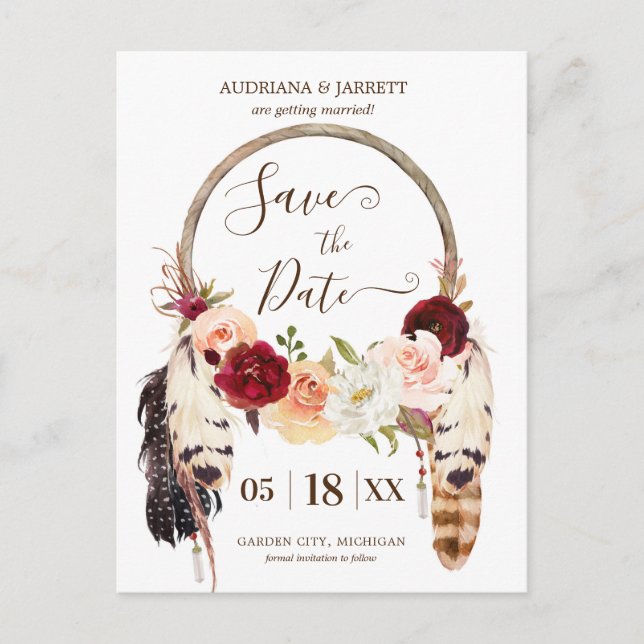 Blush & Peach Rose Dreamcatcher Boho Save the Date Postcard (Front)