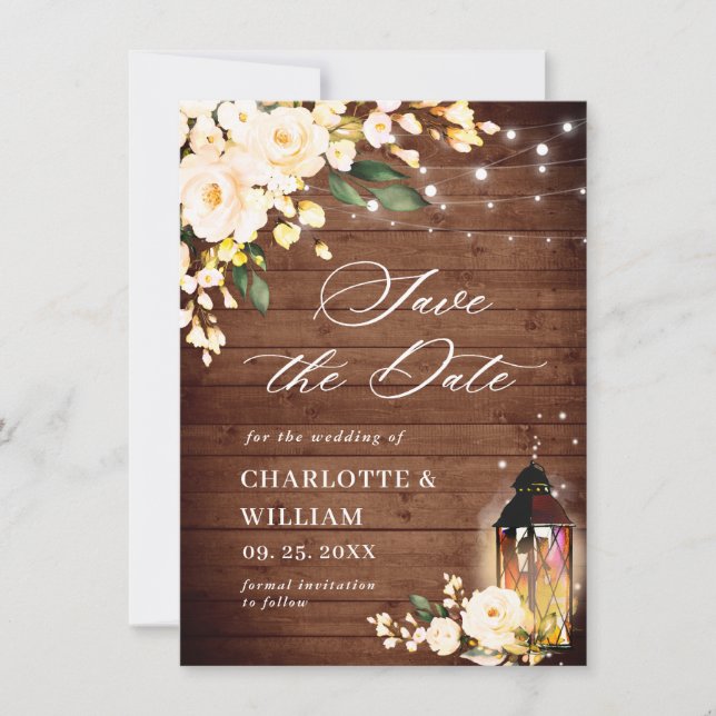 Blush Peach Rose Lantern Rustic Wood Wedding Save The Date (Front)