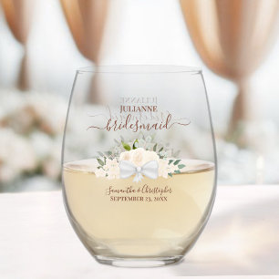 Blush Peach Roses Bridesmaid Maid of Honour Gift Stemless Wine Glass