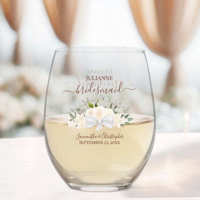 Blush Peach Roses Bridesmaid Maid of Honour Gift Stemless Wine Glass (Creator Uploaded)