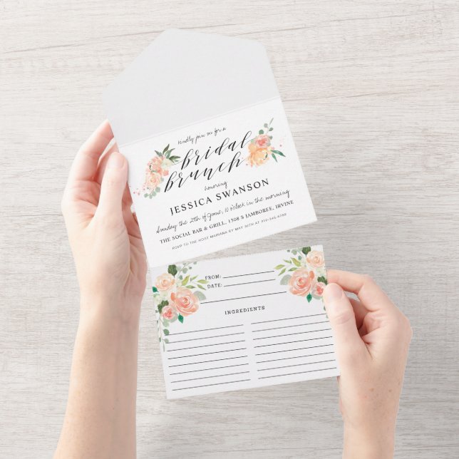 Blush Peach Spring Floral Bridal Brunch and Recipe All In One Invitation (Tearaway)