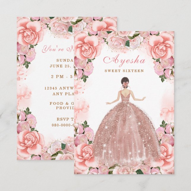 Blush Peach Sweet Sixteen Birthday invitation card (Front/Back)