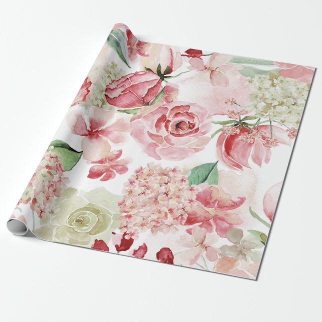 Blush & Peach Watercolor Floral Pattern Wedding Wrapping Paper (Unrolled)