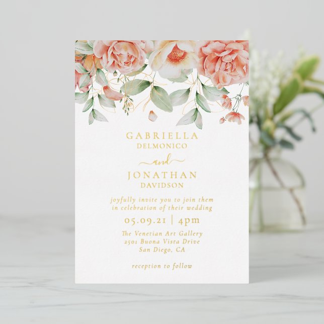 Blush Peach Watercolor Floral Wedding Gold (Standing Front)