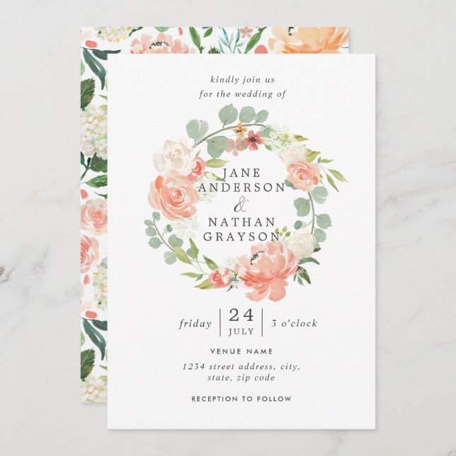 Blush Peach Watercolor Floral Wreath Wedding Invitation (Front/Back)