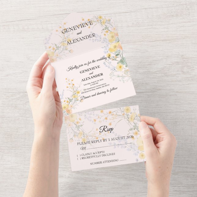 Blush Peach Wildflowers All In One Wedding Invites (Tearaway)