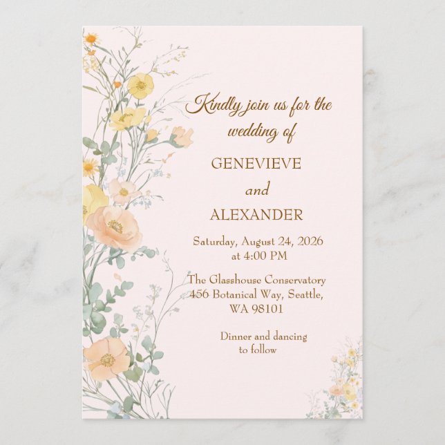 Blush Peach Wildflowers Gold Typography Invitation (Front)