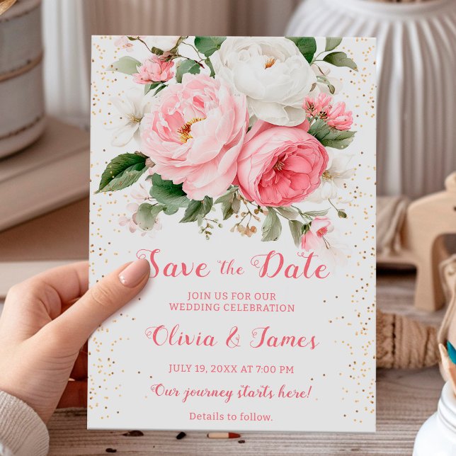 Blush peonies and gold confetti save the date card (Creator Uploaded)