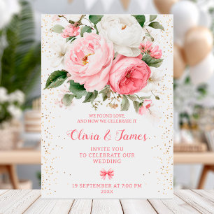 Blush peonies and gold confetti wedding card