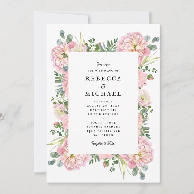 Blush Peonies Hydrangea Eucalyptus Wedding Invitation (Front)