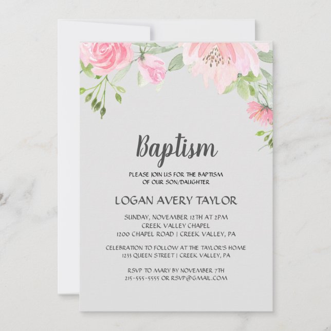 Blush Peonies on Grey Baptism Invitation (Front)