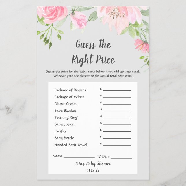 Blush Peonies on Grey Guess The Right Price Game Flyer (Front)
