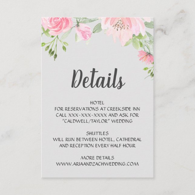 Blush Peonies on Grey Wedding Details Enclosure Card (Front)