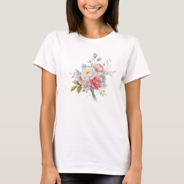 Blush Peony and Blue Wildflower Watercolor Bouquet T-Shirt (Front)