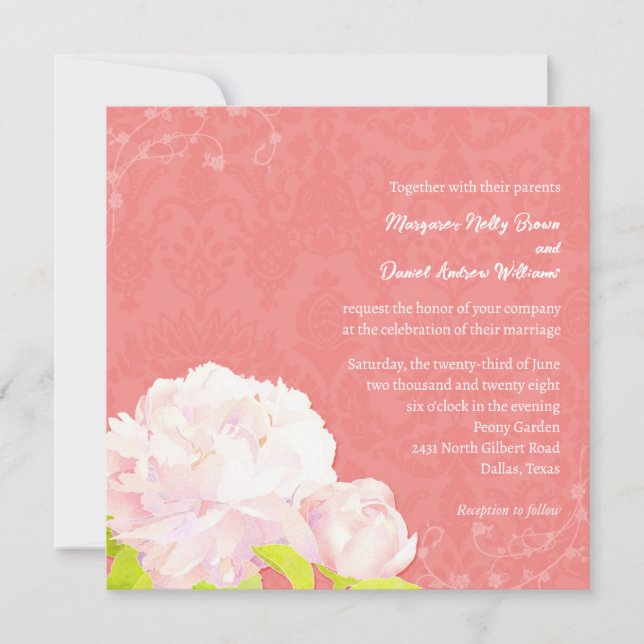 Blush Peony & Coral Damask Wedding Invitation (Front)
