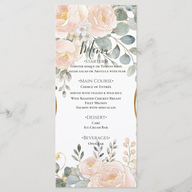 Blush Peony & Eucalyptus Botanical Floral Wedding  Menu (Front)