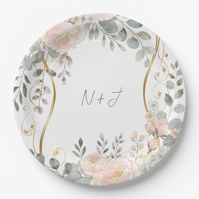 Blush Peony & Eucalyptus Botanical Floral Wedding  Paper Plate (Front)