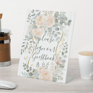 Blush Peony & Eucalyptus Botanical Floral Wedding  Pedestal Sign