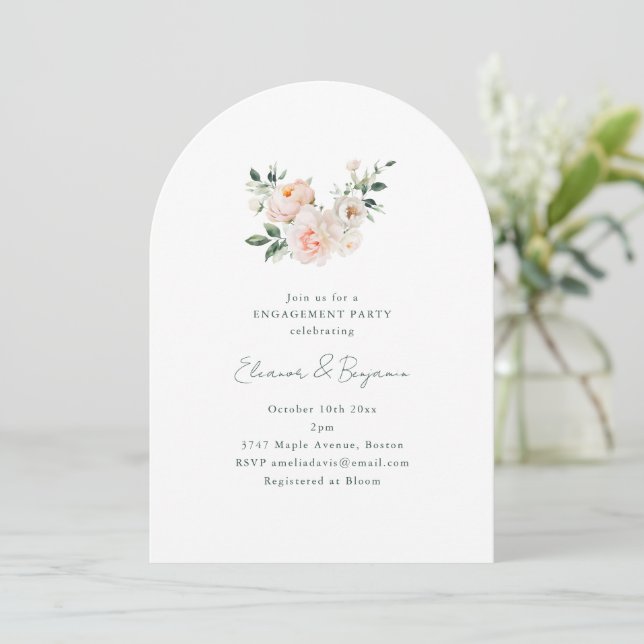 Blush Peony Floral Arch Minimal Engagement Party Invitation (Standing Front)