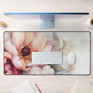 Blush Peony Floral Desk Mat Soft Pastel Art