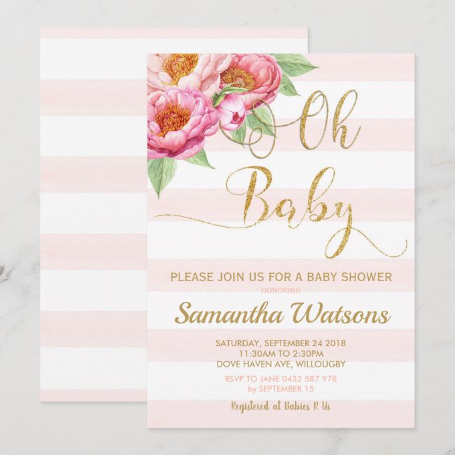 Blush Peony Floral Oh Baby Shower Invitation Girl (Front/Back)
