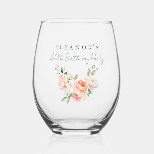 Blush Peony Floral Watercolor Pink Birthday Party Stemless Wine Glass