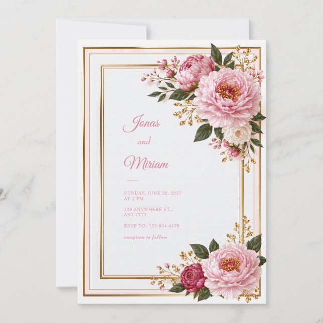 Blush Peony Gold Botanical Frame Wedding Invitation (Front)