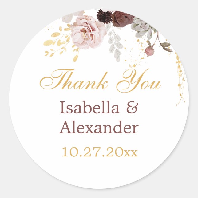 Blush Peony & Gold Burgundy Floral Thank You Classic Round Sticker (Front)
