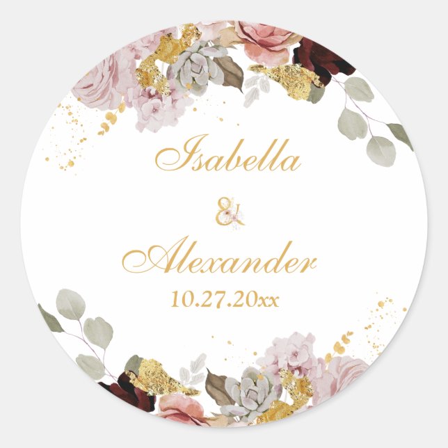 Blush Peony & Gold Burgundy Floral Wedding Classic Round Sticker (Front)