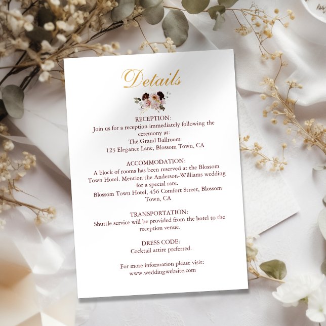 Blush Peony & Gold Burgundy Floral Wedding Details Enclosure Card (Creator Uploaded)