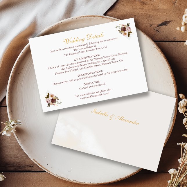 Blush Peony & Gold Burgundy Floral Wedding Details Enclosure Card (Creator Uploaded)