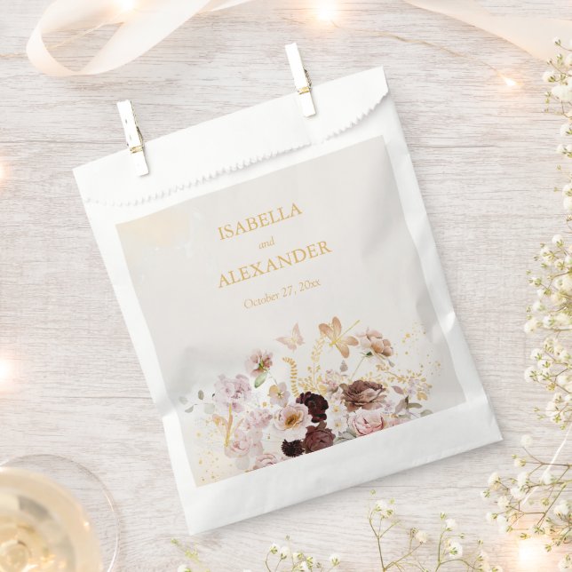 Blush Peony & Gold Burgundy Floral Wedding Favour Bags (Clipped)