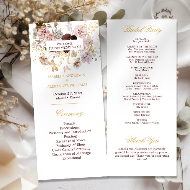 Blush Peony & Gold Burgundy Floral Wedding Program (Creator Uploaded)
