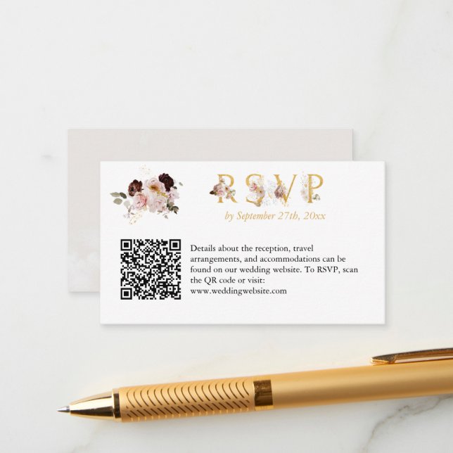 Blush Peony & Gold Burgundy Wedding RSVP QR Code Enclosure Card (Front/Back In Situ)