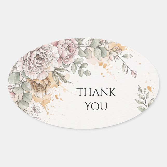 Blush Peony Gold Wedding Thank You Oval Sticker (Front)