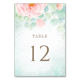 Blush Peony Greenery Eucalyptus Floral Watercolor Table Number