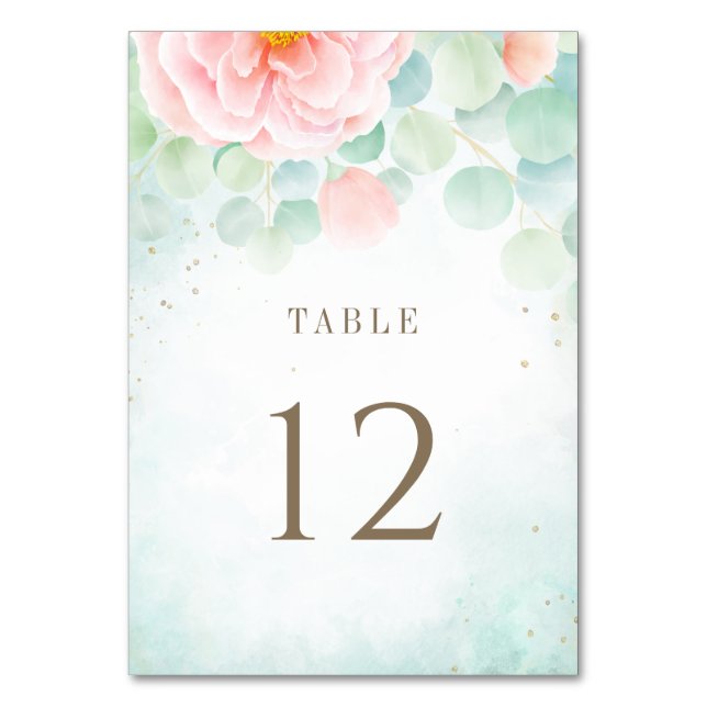 Blush Peony Greenery Eucalyptus Floral Watercolor Table Number (Front)