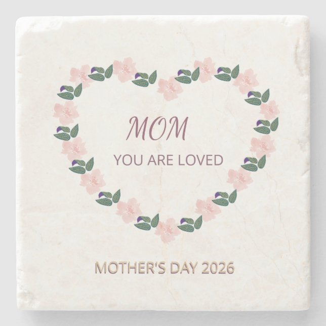 Blush Peony Heart Mum Love Artwork Stone Coaster (Front)