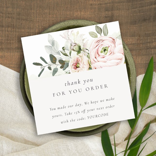 Blush Peony Leafy Botanical Floral Thank You Order Square Business Card (Creator Uploaded)