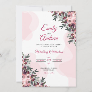 Blush Peony Plum Elegant Floral Watercolor Wedding Invitation